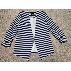 ELA Coleccion Navy White Striped Open Front Blazer Ruched 3/4 Sleeve Size 8
